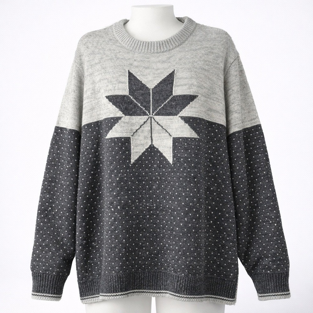 Lands End Y2K Mens Fair Isle Wool Crewneck Sweater Gray‎ Size L Snowflake Nordic